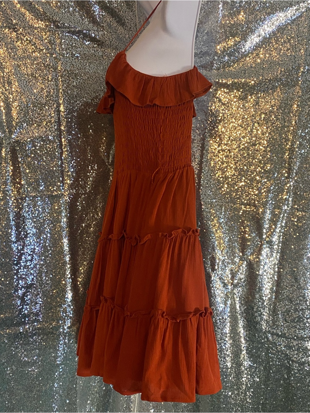 🍂✨ WILD MOSS RUST SMOCKED RUFFLE DRESS | SIZE MEDIUM ✨🍂 - Picture 3 of 9